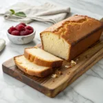 Classic homemade vanilla pound cake with a golden crust, moist crumb, and powdered sugar on a serving board.