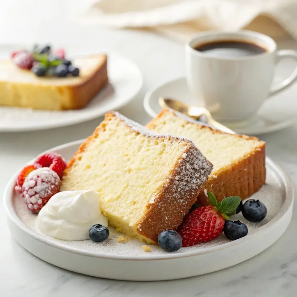 Vanilla pound cake served with fresh berries, whipped cream, and powdered sugar on a dessert plate.
