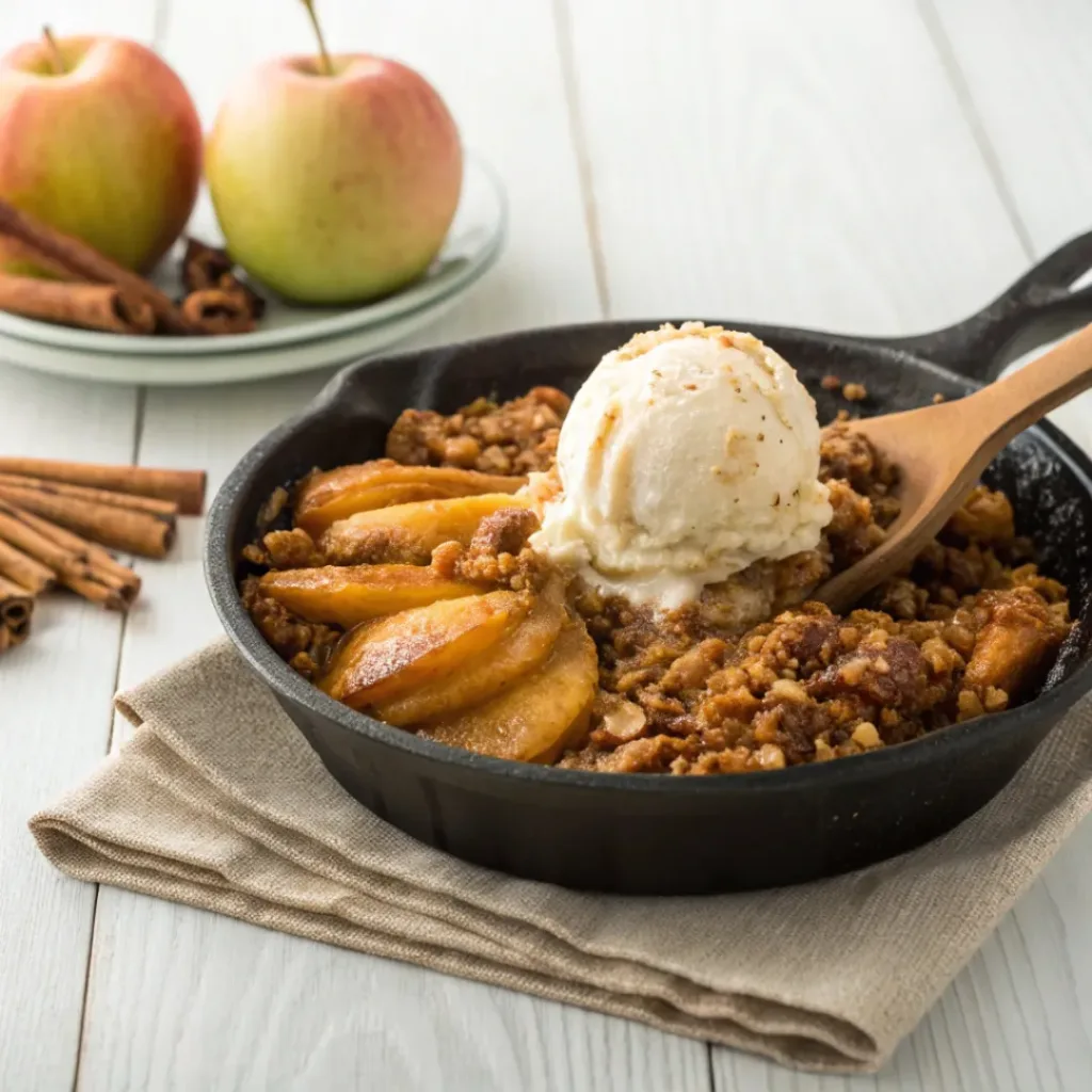 Warm skillet apple crisp topped with melting vanilla ice cream, caramel sauce, pecans, and cinnamon.