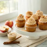 Homemade apple cider cupcakes with cinnamon buttercream, caramel drizzle, and apple slices.