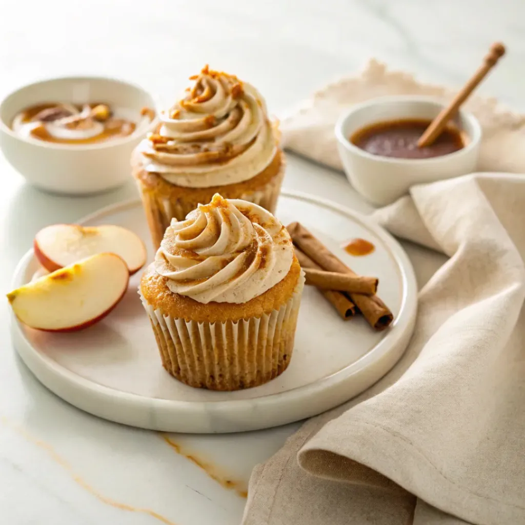 Apple cider cupcakes served with caramel sauce, fresh apple slices, cinnamon, and a warm apple cider drink.