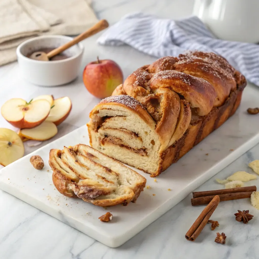 Apple cinnamon babka with swirled dough, spiced apple filling, and a golden buttery crust.