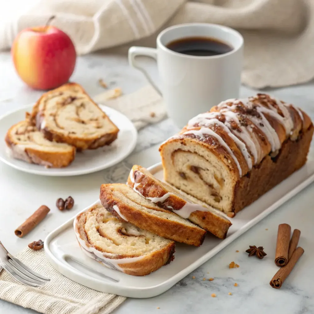 Apple Cinnamon Babka - Fluffy Twisted Bakery Bread 8 Apple cinnamon babka served with coffee, showing soft braided bread and a warm spiced apple filling.