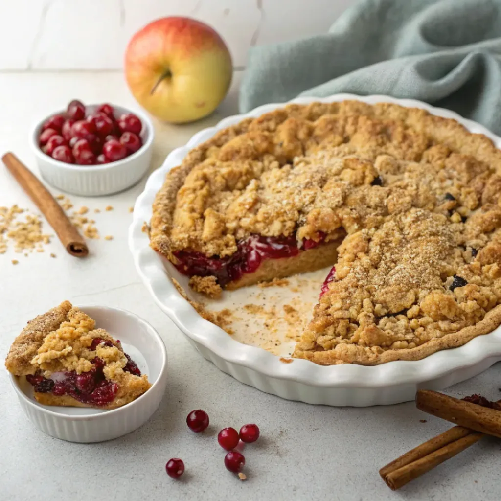 Home 9 Homemade apple cranberry crumble pie with cinnamon apples, tart cranberries, and a golden buttery crumb topping.
