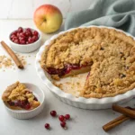 Homemade apple cranberry crumble pie with cinnamon apples, tart cranberries, and a golden buttery crumb topping.