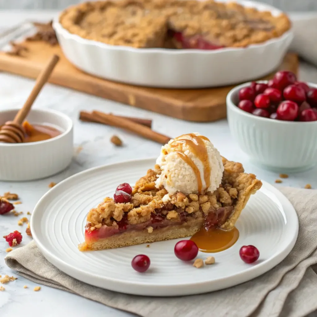 Warm apple cranberry crumble pie served with vanilla ice cream, caramel sauce, apples, and cranberries.