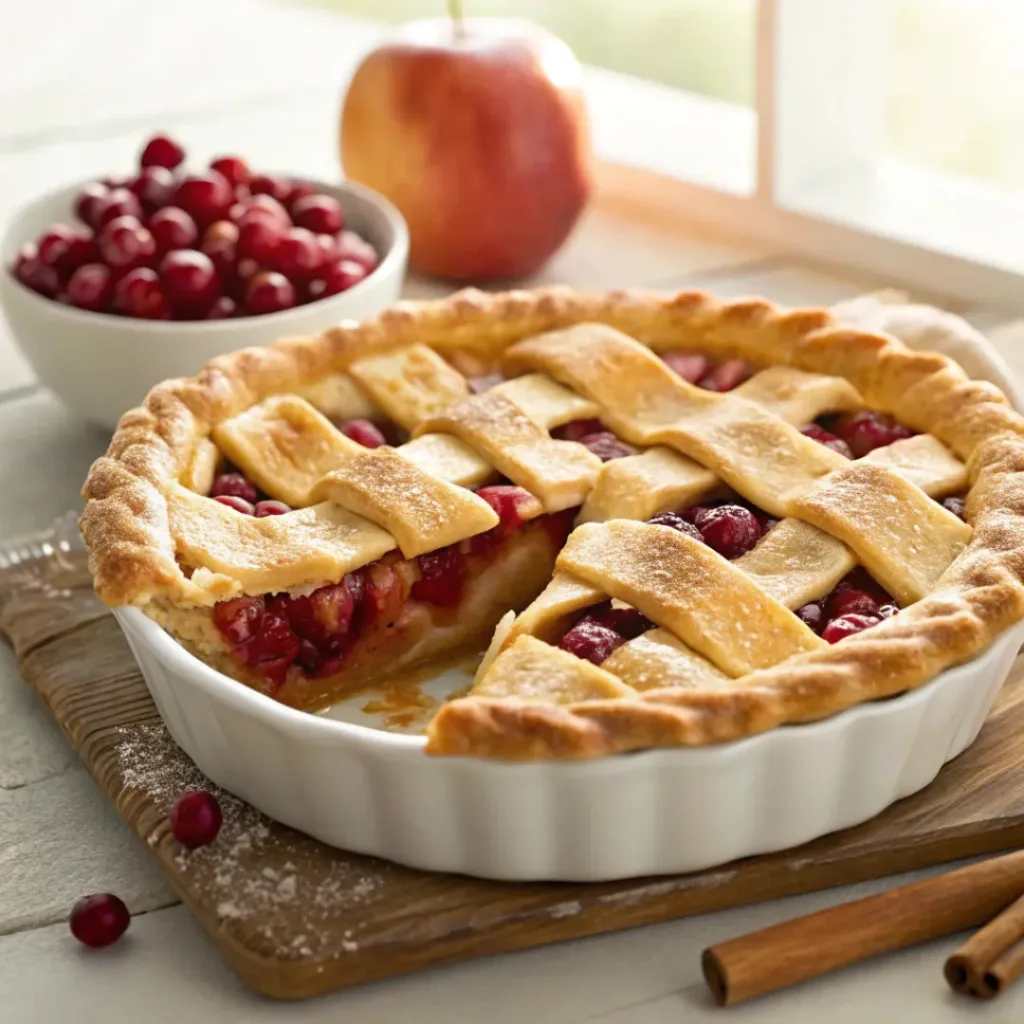 Home 7 Homemade apple cranberry pie with a golden lattice crust, cinnamon apples, and tart cranberries.
