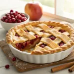 Homemade apple cranberry pie with a golden lattice crust, cinnamon apples, and tart cranberries.