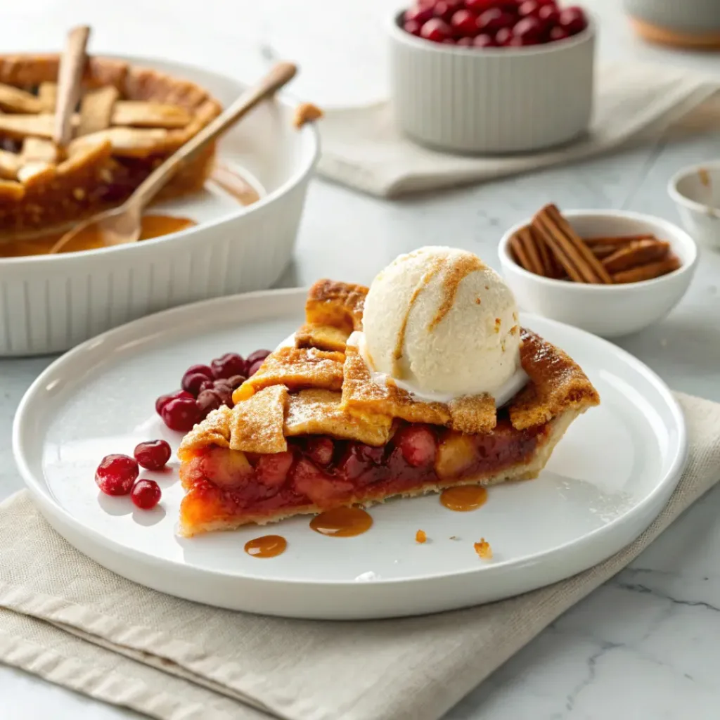 Warm apple cranberry pie served with vanilla ice cream, fresh cranberries, apples, and cinnamon.