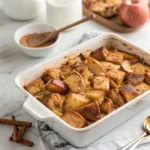 Apple French toast casserole with cinnamon apples, golden baked bread, powdered sugar, and maple syrup.