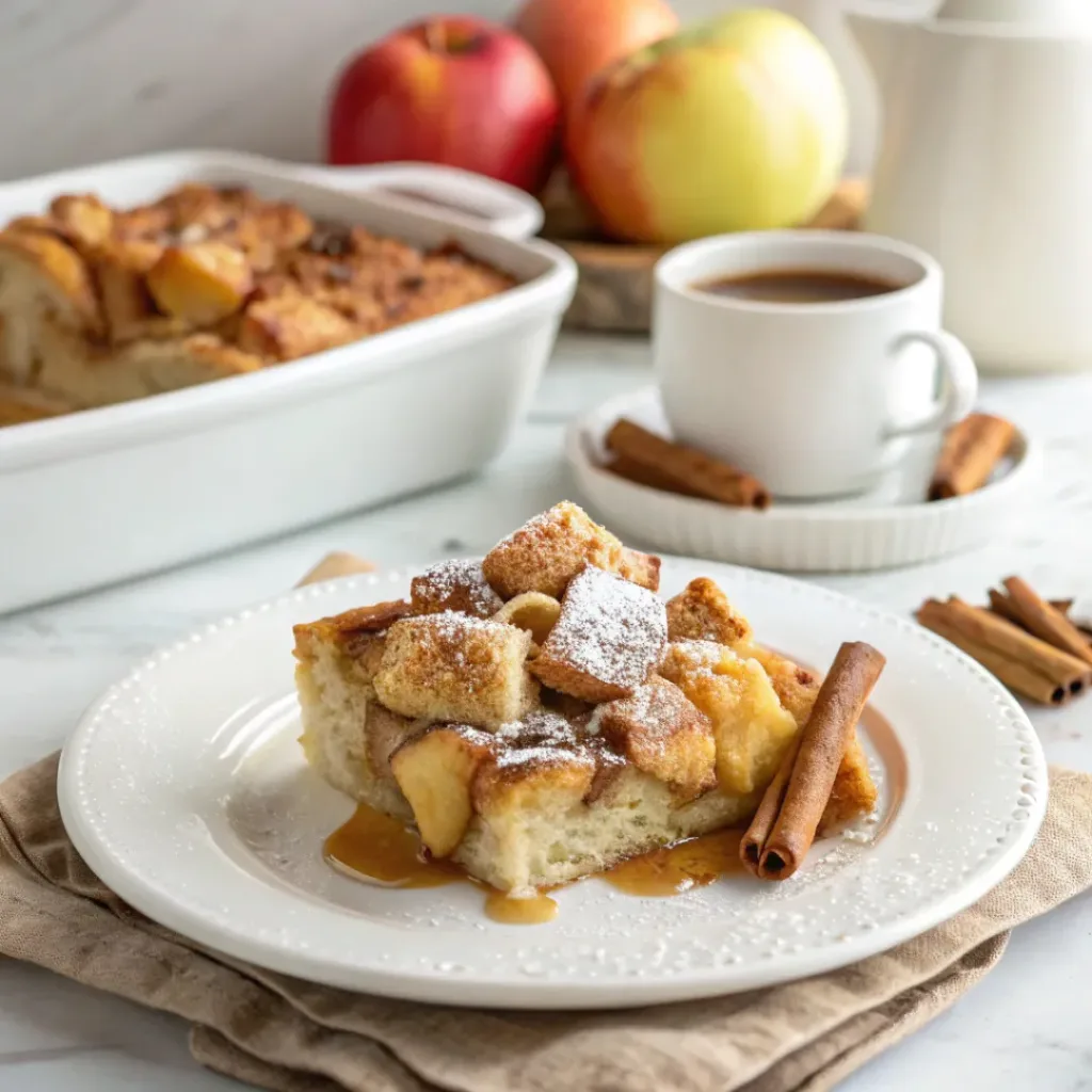 Warm apple French toast casserole topped with powdered sugar, cinnamon apples, and maple syrup.