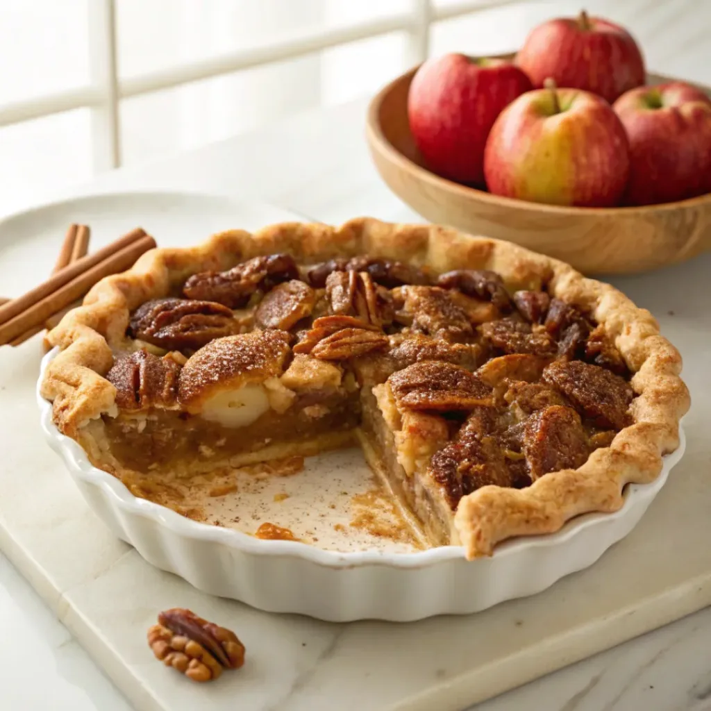 Home 6 Homemade apple pecan pie with a golden crust, cinnamon apples, and toasted pecans on a serving plate.