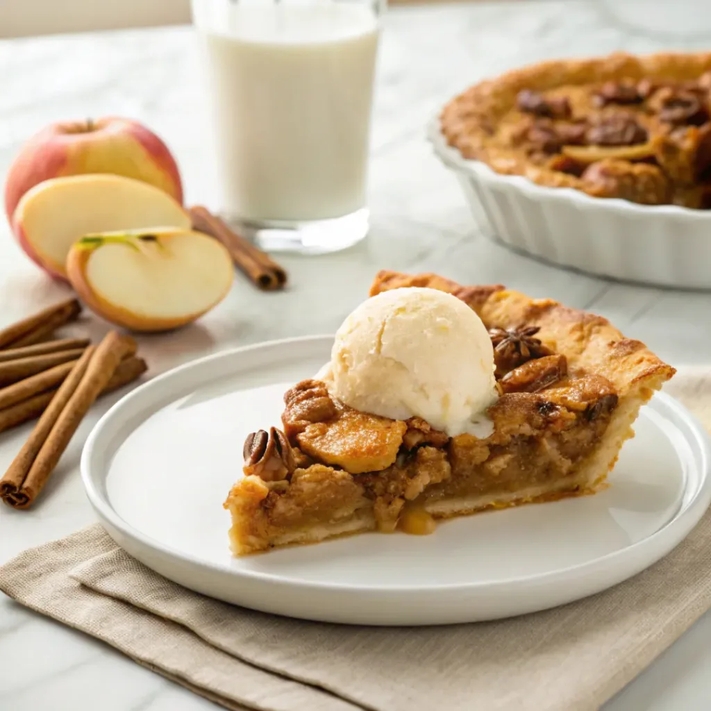 Warm apple pecan pie served with vanilla ice cream, toasted pecans, and cinnamon.