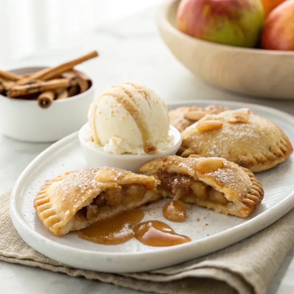 Apple Pie Cookies - Soft Spiced Caramel Bakery Thumbprint Treats 8 Warm apple pie cookies served with vanilla ice cream, caramel sauce, fresh apples, and cinnamon.