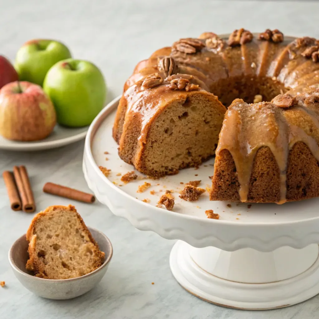 Homemade applesauce cake with warm spices and glossy caramel glaze on a white serving platter.