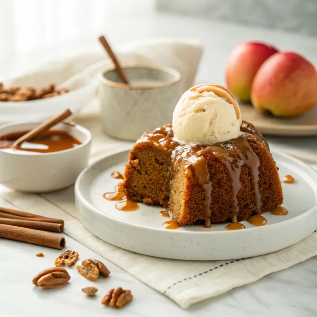 Warm applesauce cake with caramel glaze served with vanilla ice cream and toasted pecans.