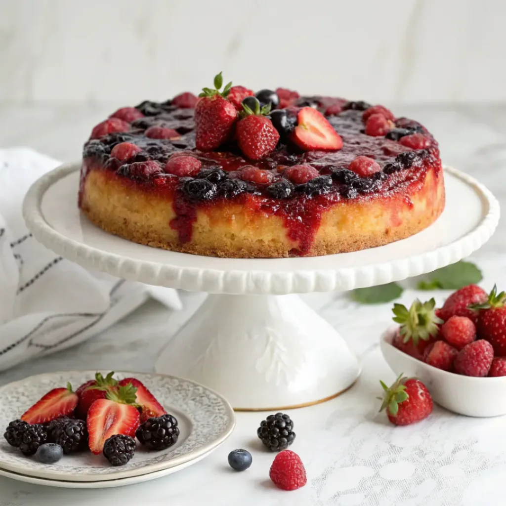 Home 6 Moist berry upside down cake topped with caramelized berries and a golden buttery cake crumb.