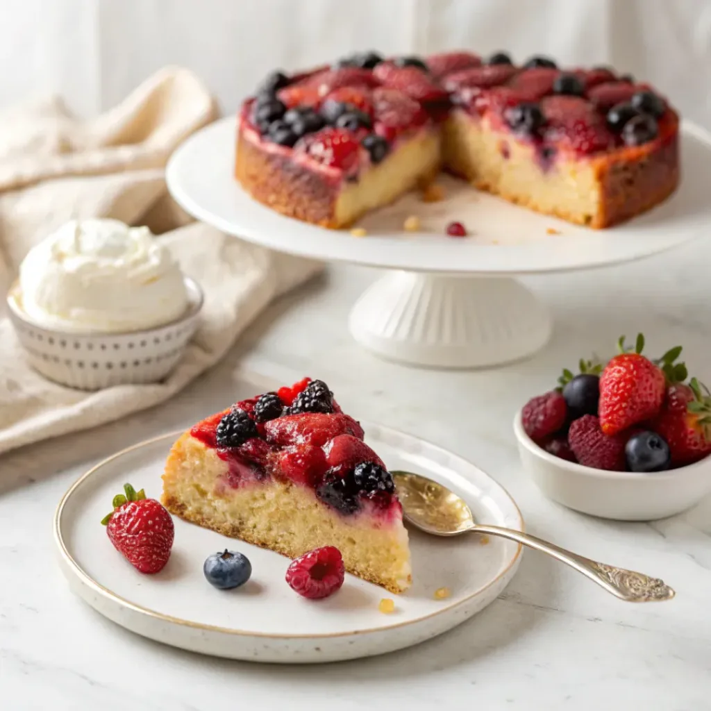 Berry Upside Down Cake - Moist Fruit Dessert 8 Berry upside down cake served with whipped cream and fresh berries on a white dessert plate.