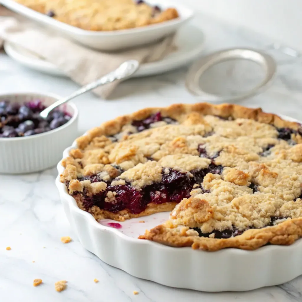 Home 6 Homemade blueberry crumble pie with juicy berries, golden streusel topping, and flaky crust.