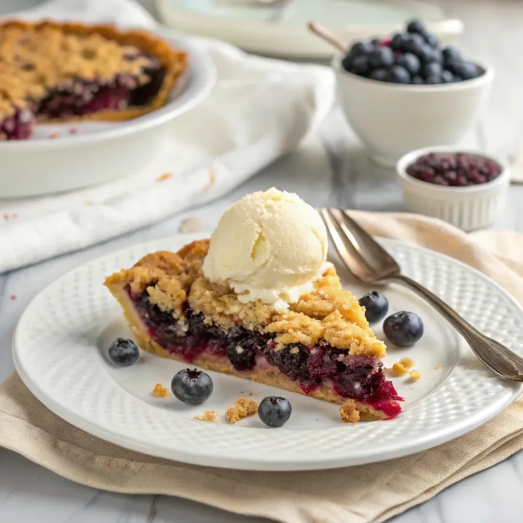 Warm blueberry crumble pie served with vanilla ice cream and fresh blueberries on a white dessert plate.