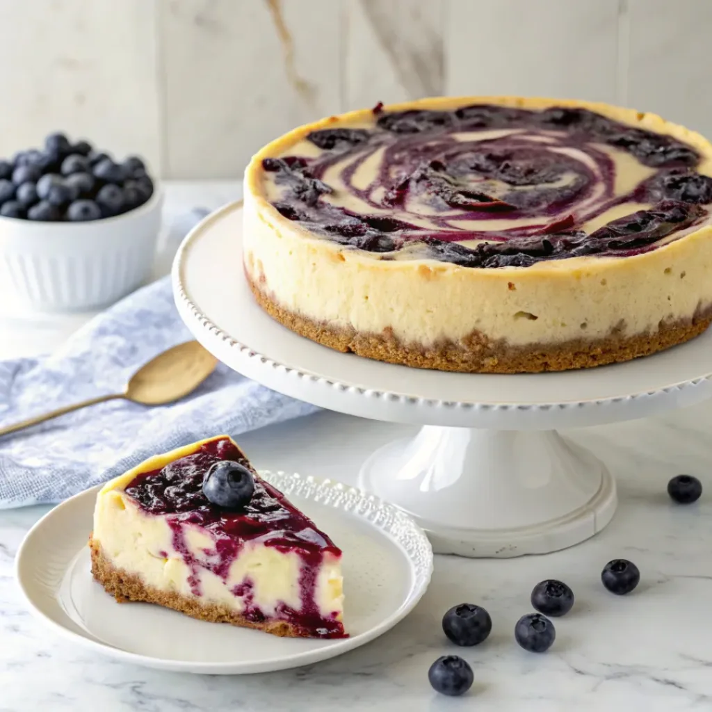 Home 8 Creamy blueberry swirl cheesecake with a graham cracker crust and fresh blueberries on top.
