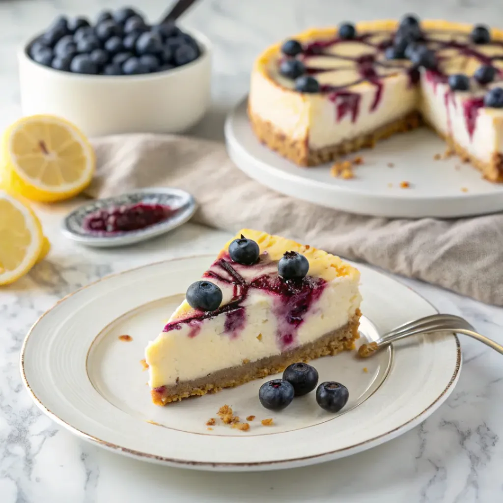 Blueberry Swirl Cheesecake - Silky Rich Bakery Dessert 8 Slice of blueberry swirl cheesecake served with fresh blueberries, blueberry sauce, and lemon zest.