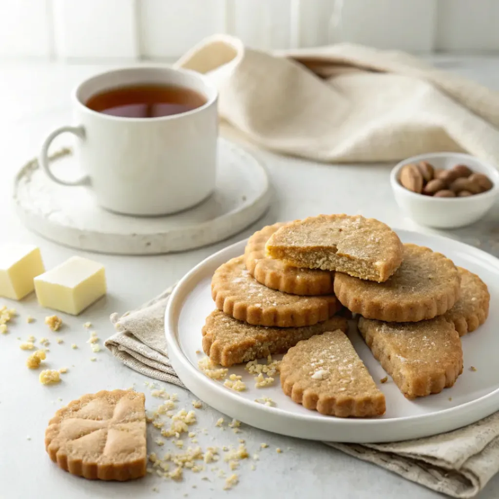 Brown sugar shortbread cookies served with warm tea, butter, brown sugar, and a light sprinkle of coarse sugar.