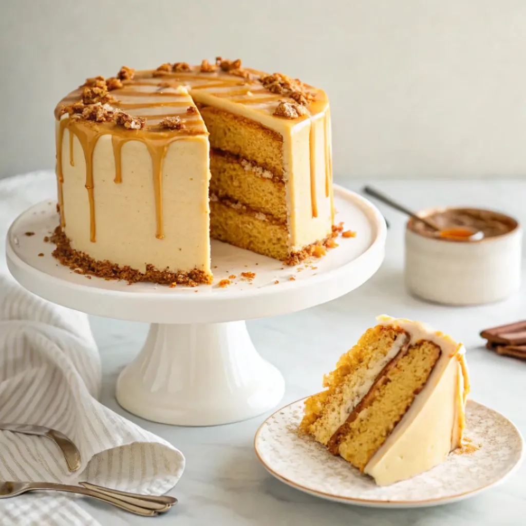 Home 6 Homemade burnt sugar caramel cake with moist golden layers, creamy caramel frosting, and rich caramel drizzle.