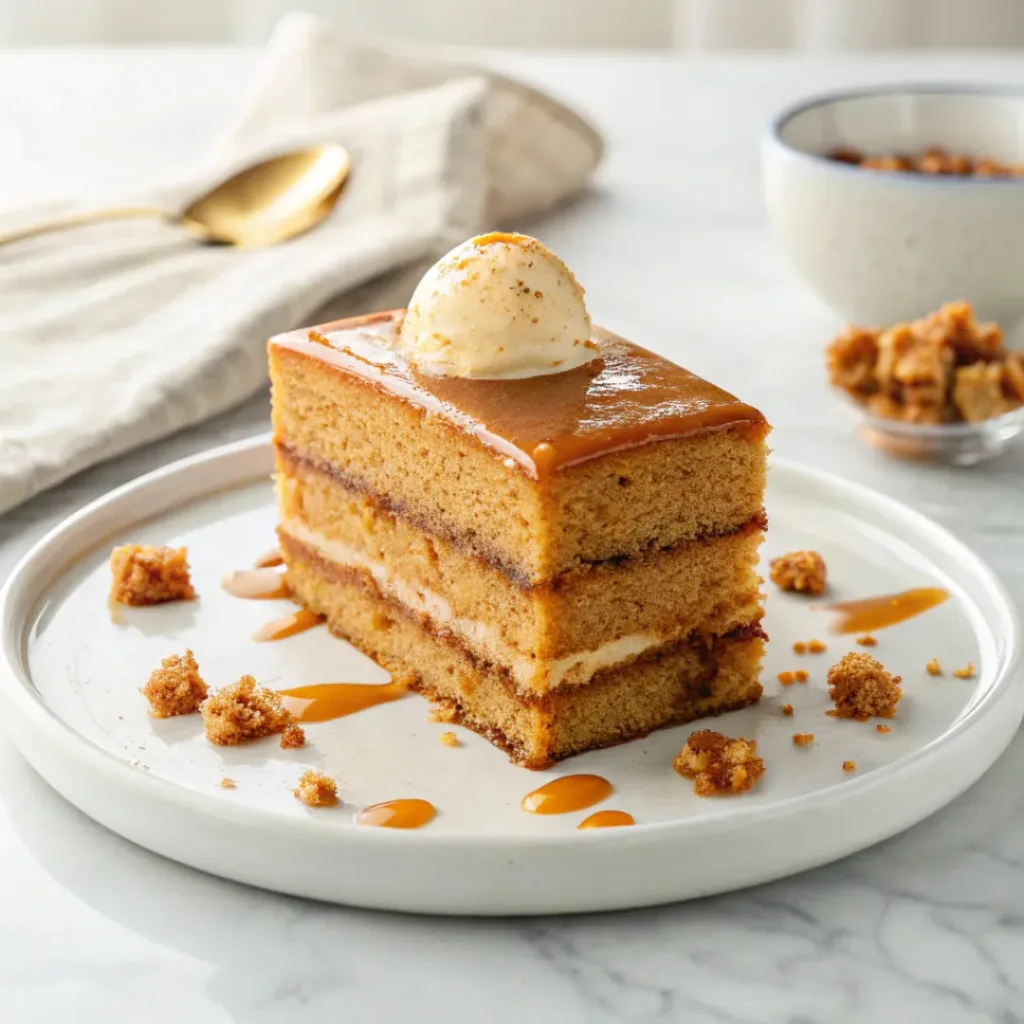 Burnt sugar caramel cake served with vanilla ice cream, caramel sauce, and caramelized sugar pieces.