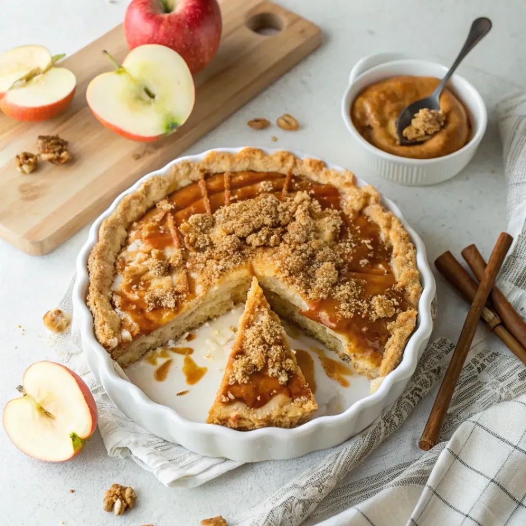 Home 7 Homemade caramel apple cheesecake pie with creamy cheesecake, cinnamon apples, caramel drizzle, and a flaky crust.