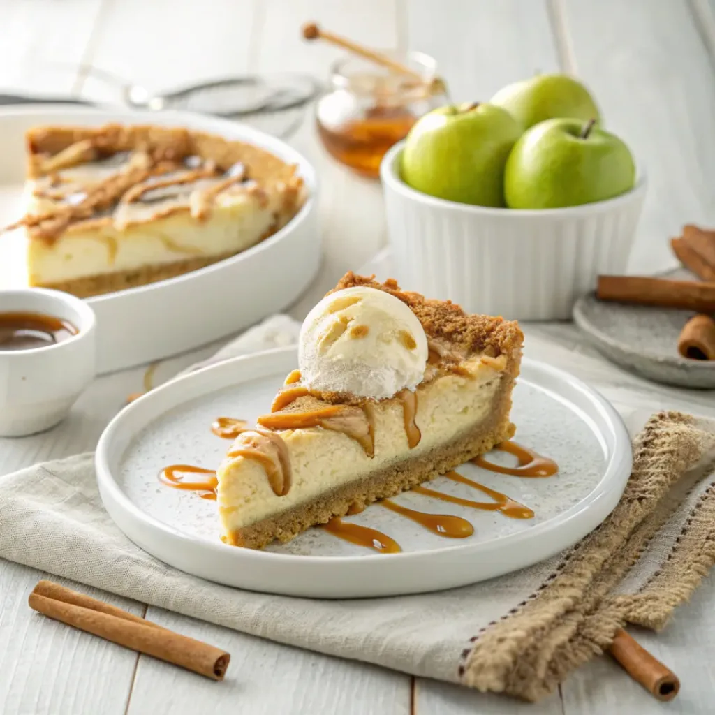 Caramel apple cheesecake pie served with vanilla ice cream, caramel sauce, cinnamon apples, and toasted pecans.