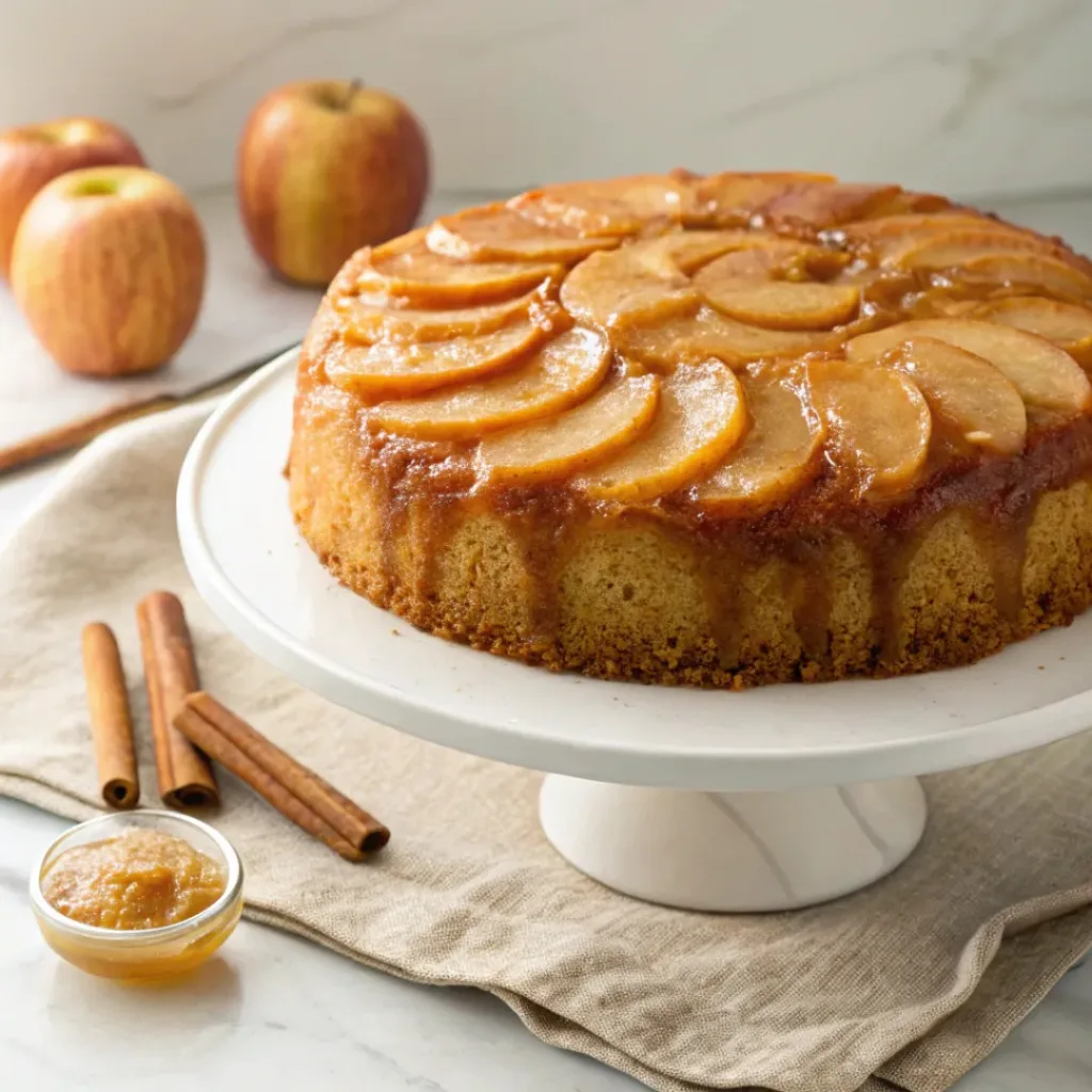 Home 7 Homemade caramel apple upside down cake with tender apples, buttery caramel topping, and a moist golden cake.