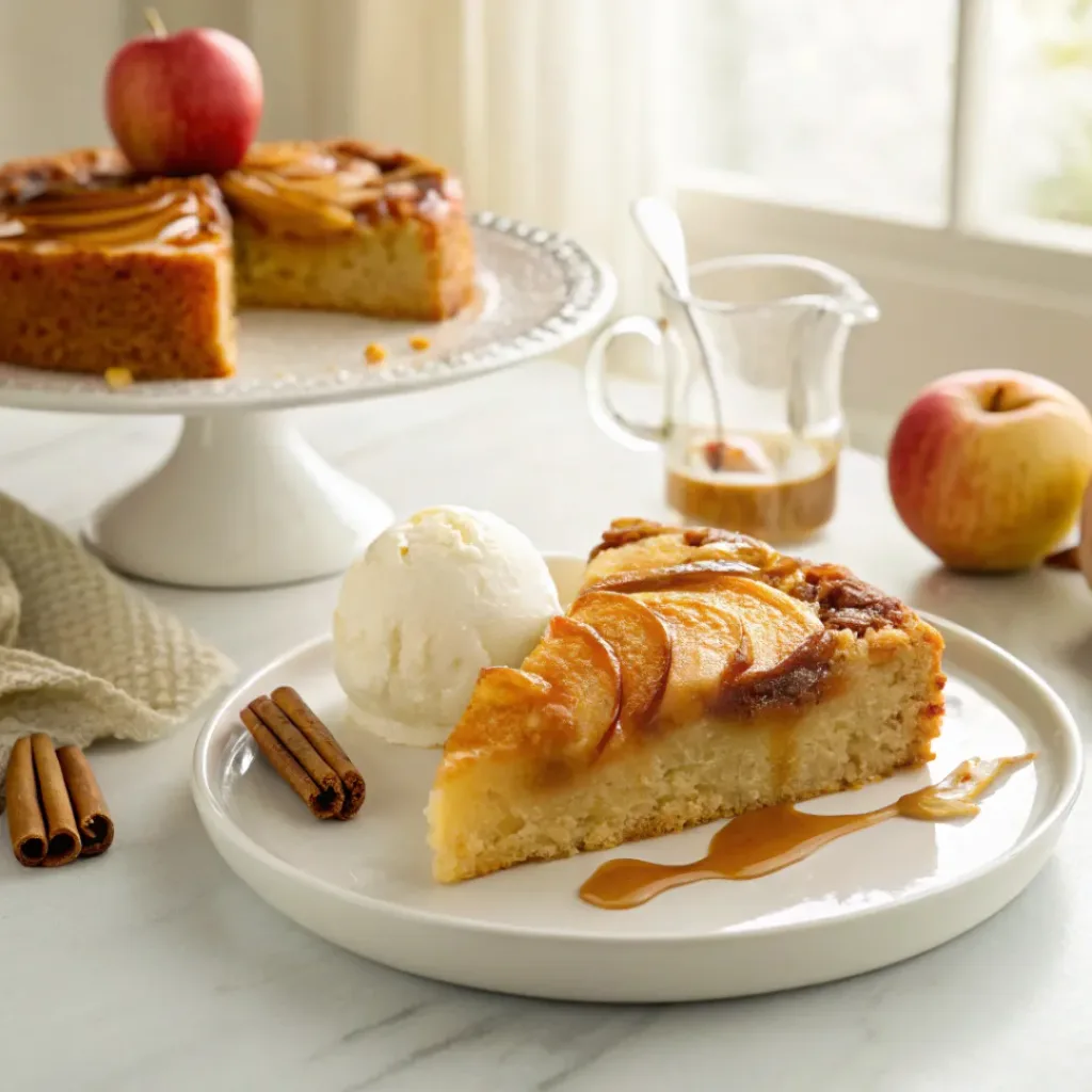Caramel Apple Upside Down Cake - Moist Spiced Bakery Fall Centerpiece 8 Caramel apple upside down cake served with vanilla ice cream, caramel sauce, cinnamon, and fresh apples.