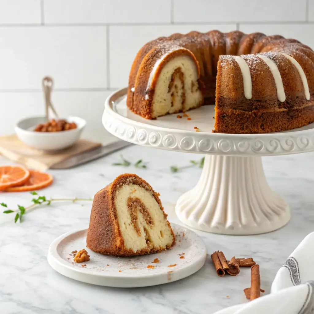 Home 8 Carrot Bundt cake with creamy cheesecake swirls, cinnamon spices, and a sweet cream cheese glaze.