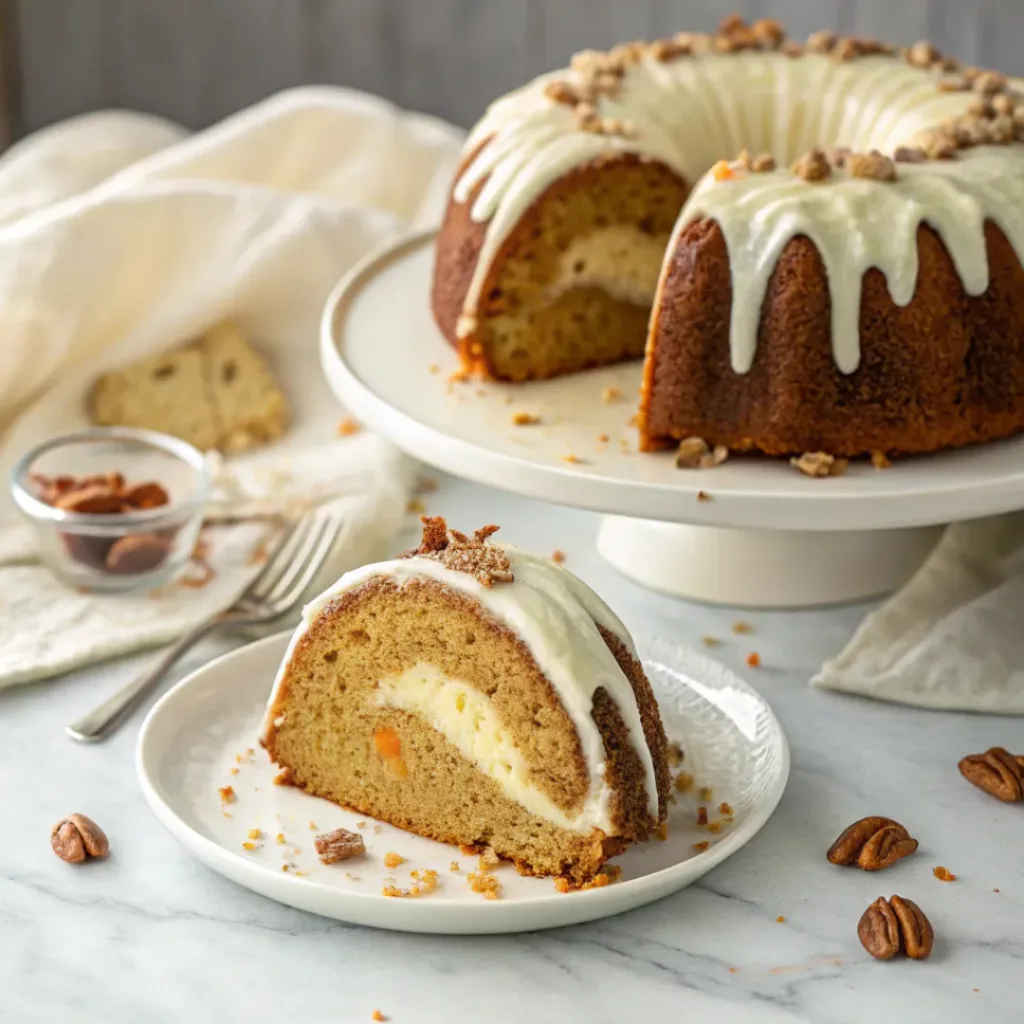 Cheesecake Swirl Carrot Bundt Cake - Moist Spiced Bakery Cake 8 Slice of carrot Bundt cake with cheesecake swirl, cream cheese glaze, pecans, and a warm cup of coffee.