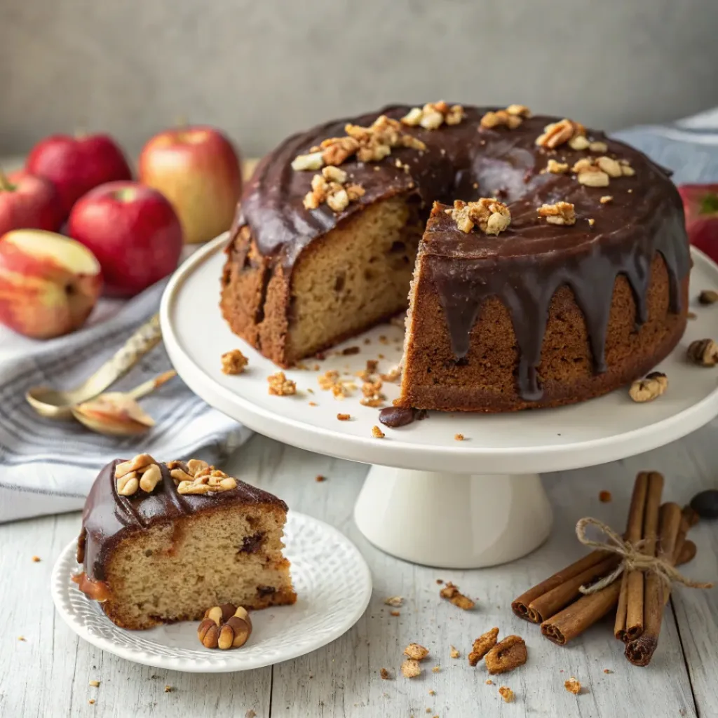 Home 7 Homemade chocolate apple cake with tender apple pieces, rich cocoa crumb, and chocolate glaze on a serving platter.