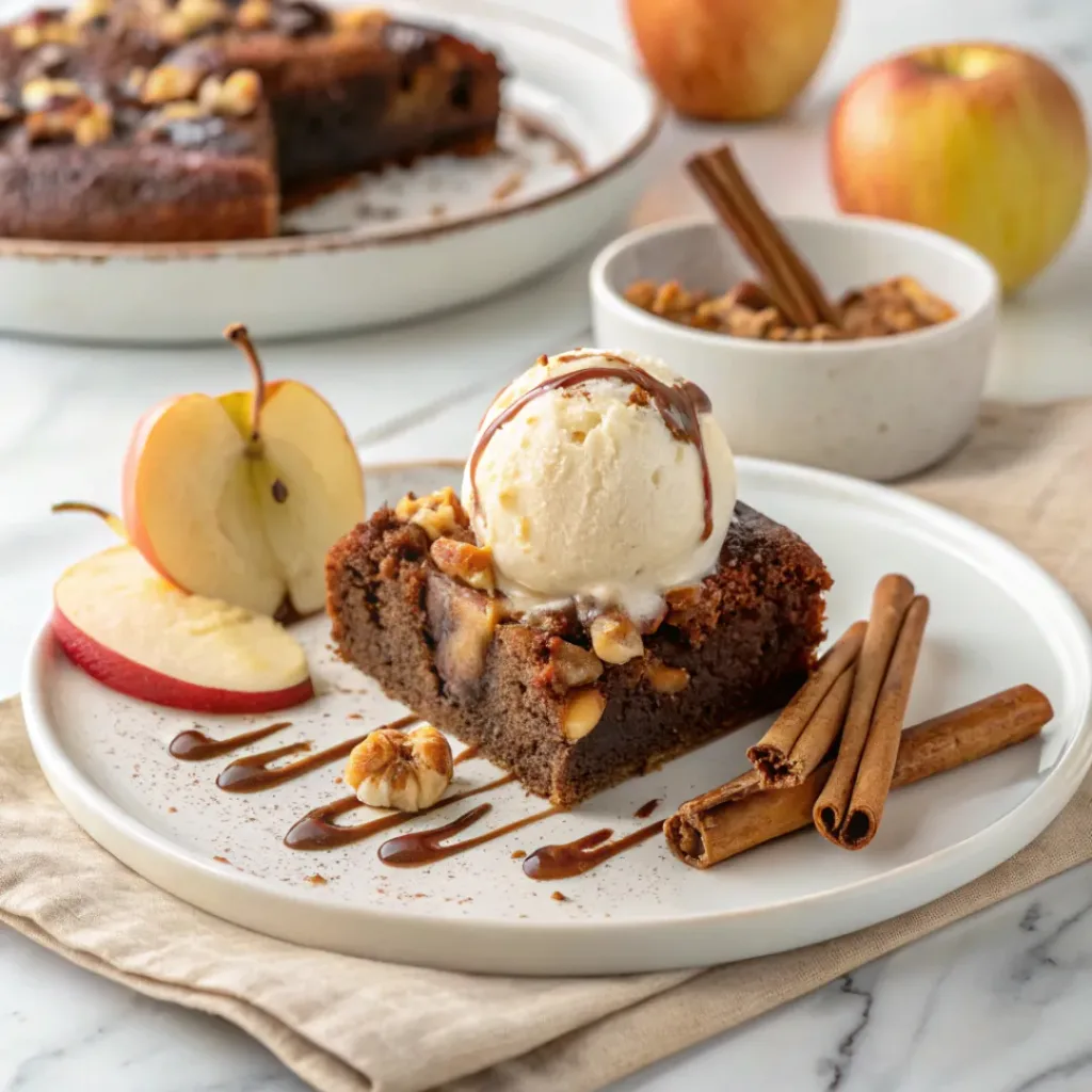 Chocolate Apple Cake - Moist Spiced Bakery Autumn Snack Cake 8 Chocolate apple cake served with vanilla ice cream, chocolate glaze, fresh apples, and toasted walnuts.