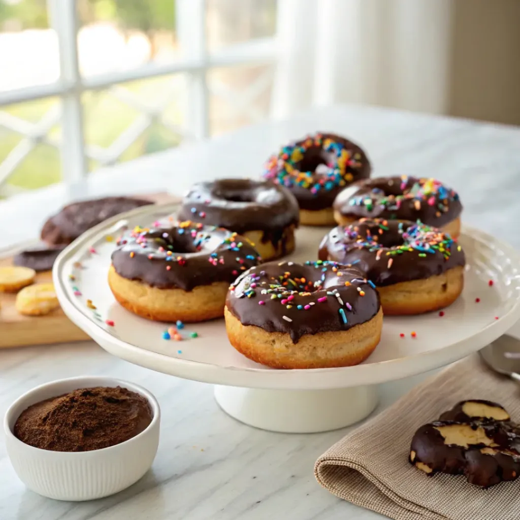 Home 6 Homemade baked donuts with rich chocolate frosting and colorful sprinkles on a serving platter.