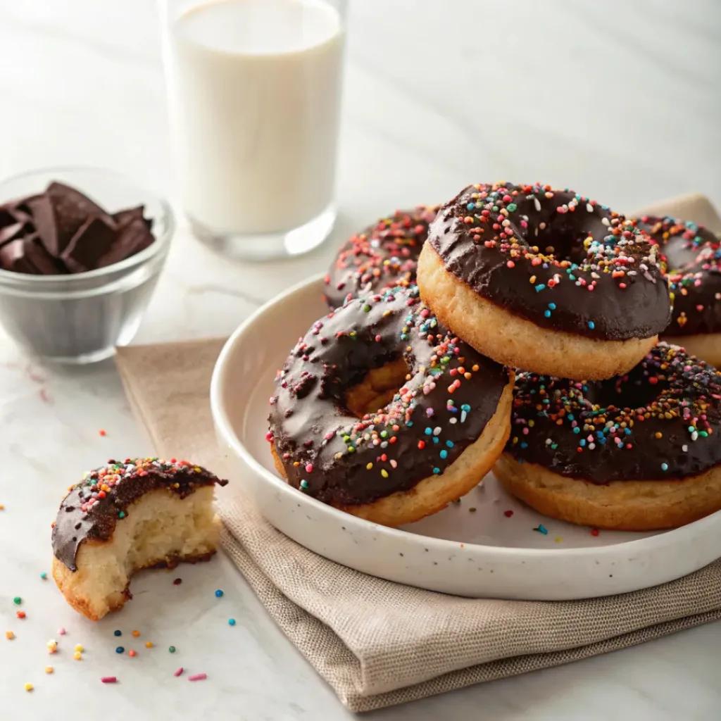 Chocolate Frosted Baked Donuts - Soft Cake Bakery Style Treats 8 Chocolate frosted baked donuts served with cold milk, chocolate curls, and colorful sprinkles.