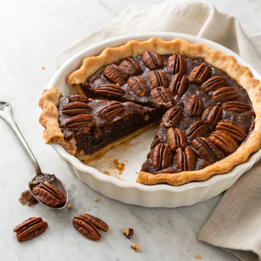 Homemade chocolate pecan pie with toasted pecans, rich chocolate filling, and a flaky golden crust.