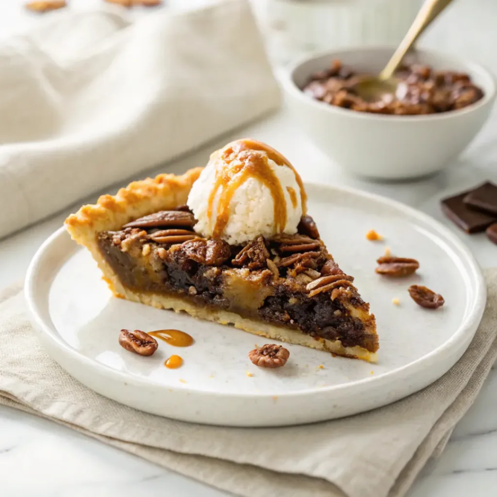 Chocolate Pecan Pie - Rich Fudgy Holiday Bakery Dessert 8 Chocolate pecan pie served with vanilla ice cream, toasted pecans, chocolate curls, and caramel sauce.