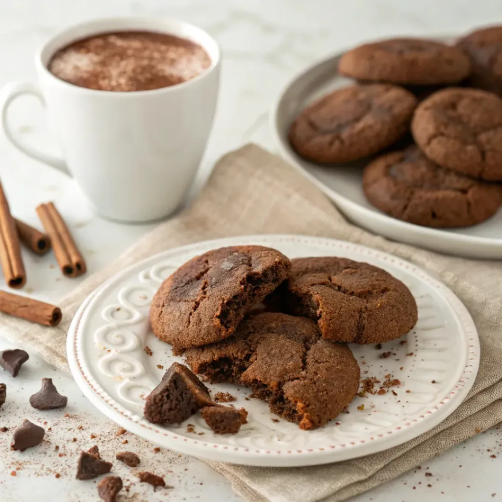 Chocolate Snickerdoodles - Soft Chewy Cinnamon Spiced Cocoa Cookies 8 Chocolate snickerdoodle cookies with cinnamon sugar served alongside warm hot chocolate and dark chocolate.