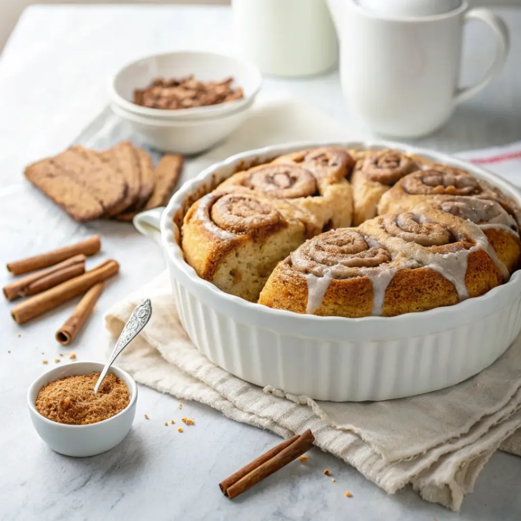 Home 7 Homemade cinnamon roll cake with cinnamon swirls, buttery brown sugar filling, and vanilla glaze on a serving plate.