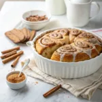 Homemade cinnamon roll cake with cinnamon swirls, buttery brown sugar filling, and vanilla glaze on a serving plate.