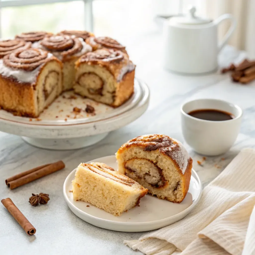 Warm cinnamon roll cake with vanilla glaze served with coffee, cinnamon sticks, and brown sugar.