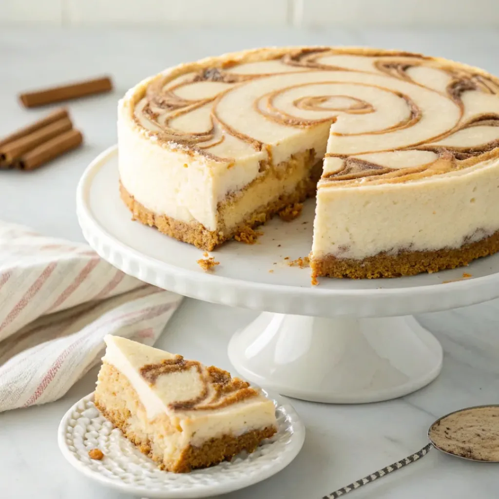 Home 7 Homemade cinnamon swirl cheesecake with creamy vanilla filling, cinnamon sugar swirls, and a buttery graham cracker crust.