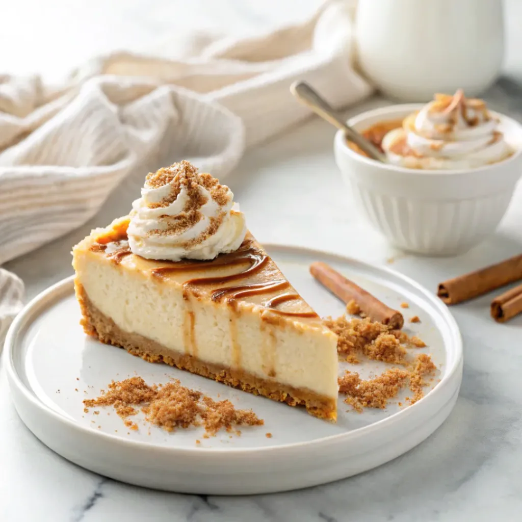 Cinnamon Swirl Cheesecake - Ultra-Creamy Bakery Holiday Dessert 8 Cinnamon swirl cheesecake served with whipped cream, cinnamon, graham cracker crumbs, and caramel sauce.