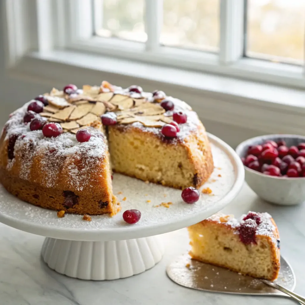 Homemade cranberry almond cake with fresh cranberries, sliced almonds, and powdered sugar on a serving platter.