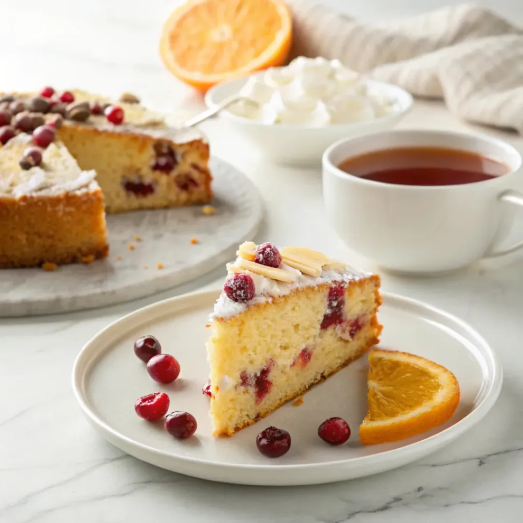Cranberry Almond Cake - Moist Sweet Tart Bakery Dessert 8 Cranberry almond cake served with whipped cream, fresh cranberries, sliced almonds, and orange zest.