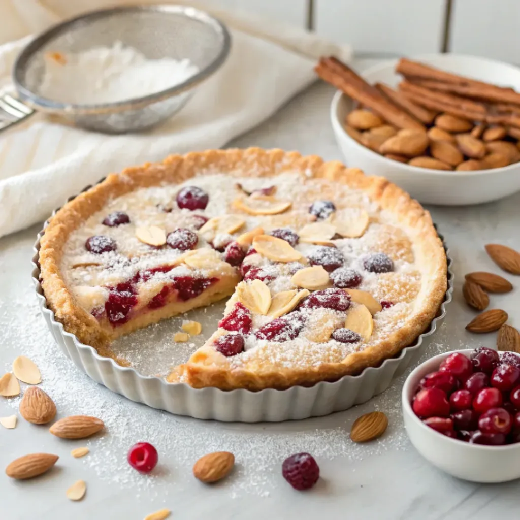 Home 6 Homemade cranberry almond tart with a buttery crust, almond filling, fresh cranberries, and sliced almonds.